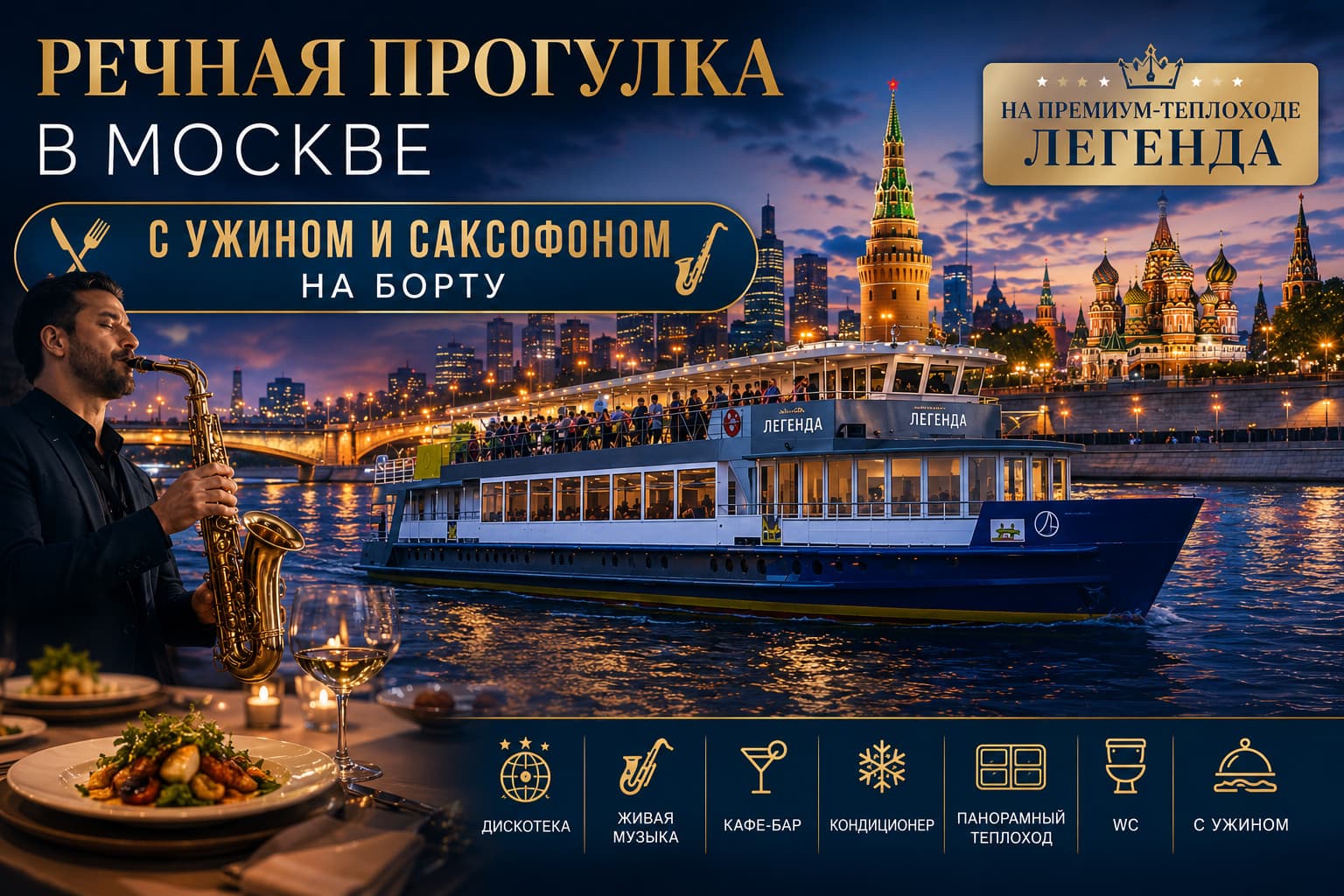 Речная прогулка на премиум-теплоходе Легенда с ужином и саксофоном на борту