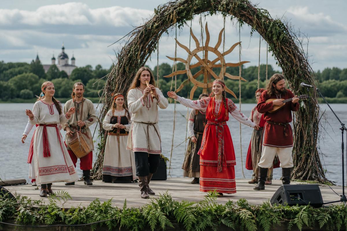 Костюмированный фестиваль у реки: сцена, палатки и вечерний свет