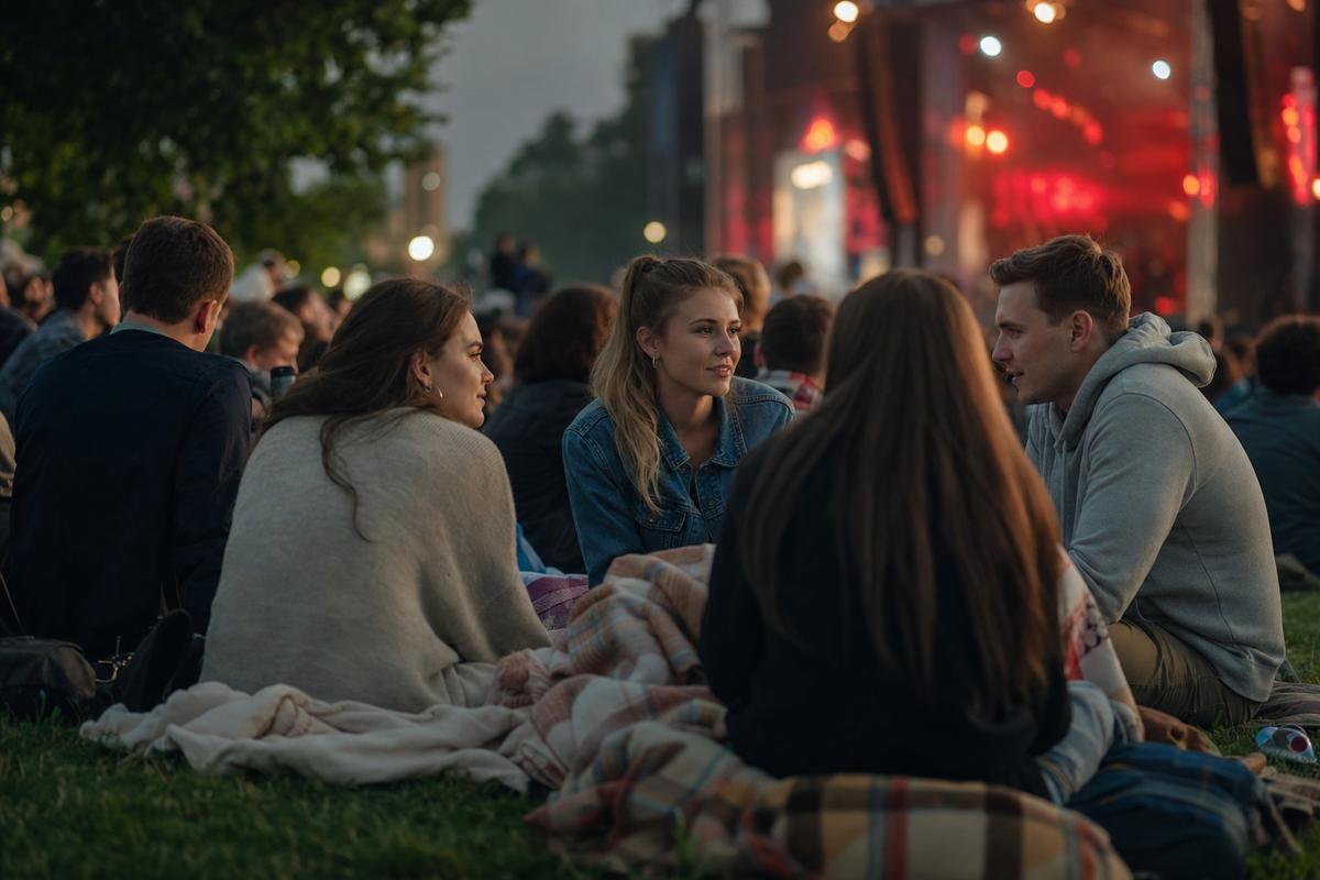 Зрители на траве с пледами на open-air в парке