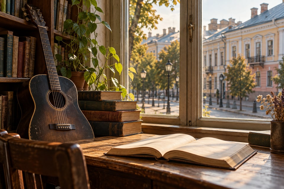 Книги и гитара у окна на фоне улицы в Воронеже